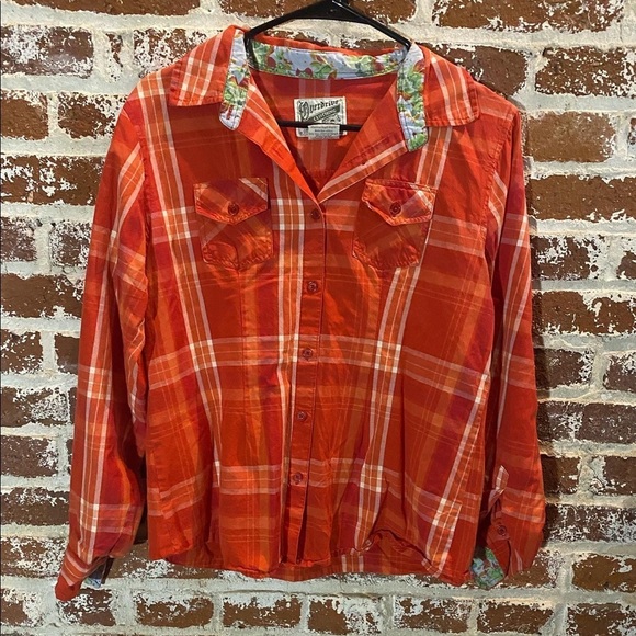 Y2K Overdrive Orange and Red Plaid Flannel Style Top - Picture 4 of 5